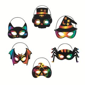 Halloween Mask Craft Kit-6 Pieces Scratch Paper Animal Masks Scratch Rainbow Masks with Elastic Cords and Wood Stylus for Costume Dress up Parties Dec