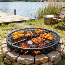 36 Inch Foldable Round Cooking Grate, With Handle & X Wire Support, Portable Campfire BBQ Grill Grid, Black (Option: 52395423)