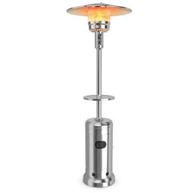 48,000 BTU Standing Outdoor Heater Propane LP Gas Steel with Table and Wheels (Color: silver)